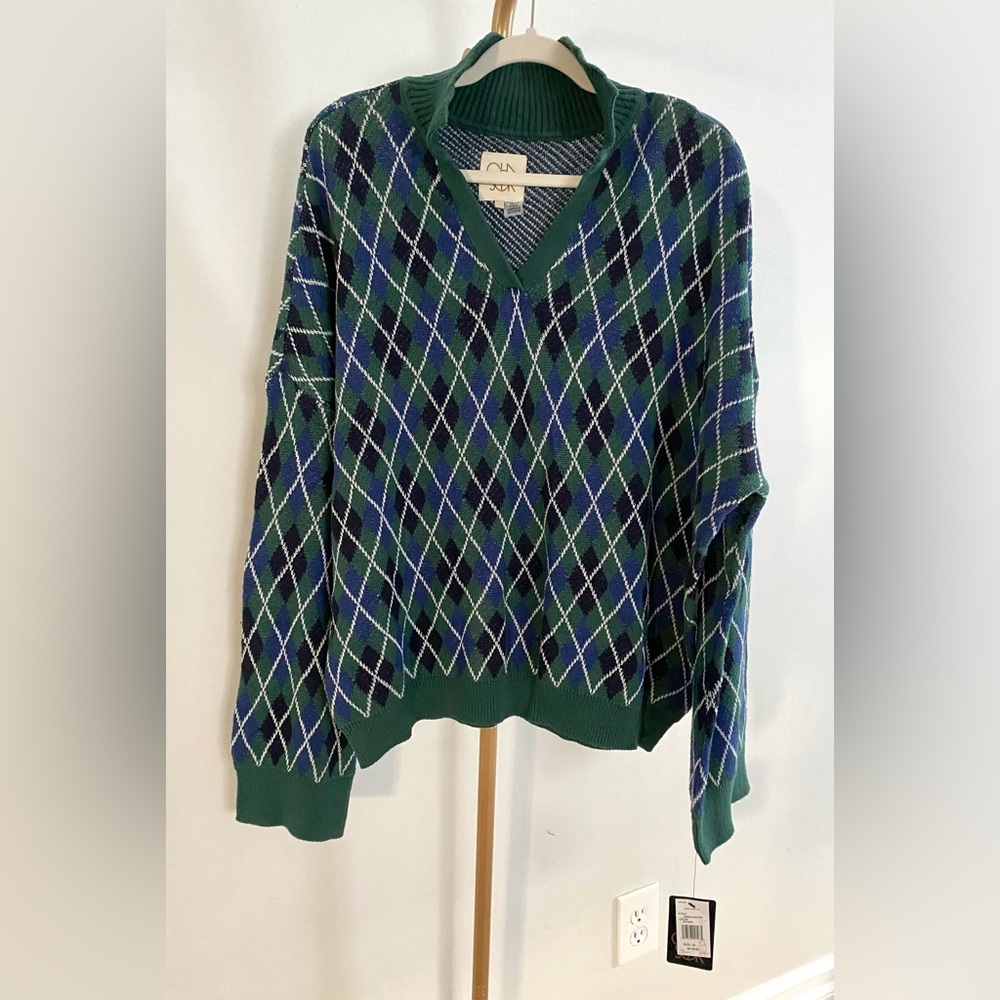 NWT Chasor Chaps Green and Blue Argyle V-Neck Sweater